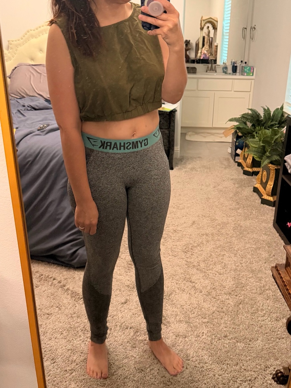 Olive Green Cotton Button Back Casual Cropped Tank Top L